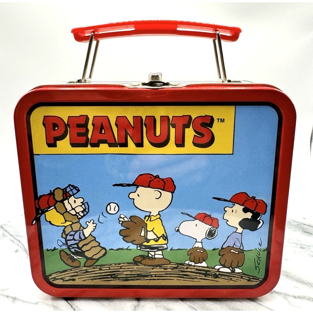 PEANUTS‎ Snoopy Charlie Brown Baseball Metal Lunch Box Red Vintage Tin Mini